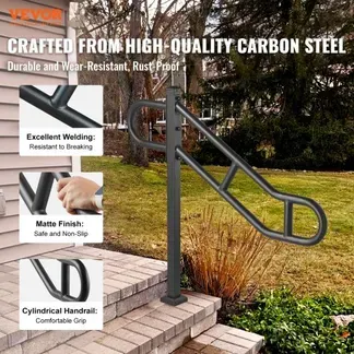 VEVOR Handlauf mit einem Pfosten für 1–3 Stufen im Außenbereich, 40,5″ L x 35,4″ H gebogener Treppenhandlauf aus Metall, bodenmontiertes Treppengeländer aus Karbonstahl, U-förmiger Haltegriff mit 2 rutschfesten Querstangen für die Garage VEVOR Handlauf mit einem Pfosten für 1–3 Stufen im Außenbereich, 40,5″ L x 35,4″ H gebogener Treppenhandlauf aus Metall, bodenmontiertes Treppengeländer aus Karbonstahl, U-förmiger Haltegriff mit 2 rutschfesten Querstangen für die Garage