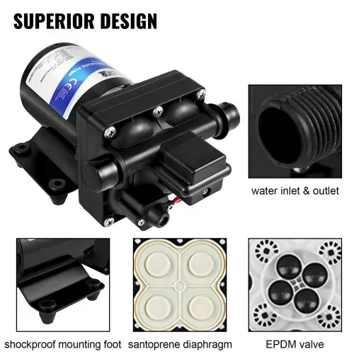 VEVOR 12 V Hochdruck-Membrane Wasserpumpe, 3 GPM Hochdruckmembran Wasserpumpe aus Polypropylen, Max. Druck 45 psi Wasserpumpe Selbstansaugend, mit Eingebautem Rückschlagventil, für Wohnwagen, Boot – Bild 2