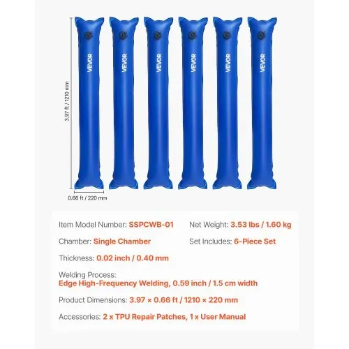 VEVOR Pool Beschwerungssack, 6 Packungen à 121 cm, 0,4 mm dicke PVC-Säcke mit Gewichten mit auslaufsicherem Schraubverschluss, Wassersäcke zur Befestigung von Poolabdeckungen im Winter, blau – Bild 6