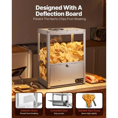 VEVOR Kommerzielle Nacho-Maschine 80 L, Elektrischer Chip-Wärmer 300 W mit Heizplatte & Wärmelampe & Ablenkplatte, Nacho-Chip-Wärmer aus Edelsstahl für Popcorn Kartoffelchips Erdnusschips – Bild 3
