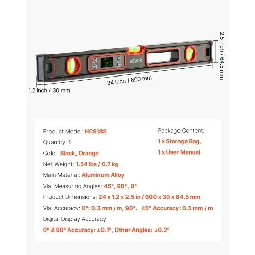 VEVOR Digitale Wasserwaage mit LCD-Display, 60 cm Richtwaage mit 3 Libellen 90°/45°/0°, Meganetische Maurerwaage mit IP54 Wasserschutz & 2 Batterien, 360° Messwerkzeug für Baustelle Hausrenovierung – Bild 6