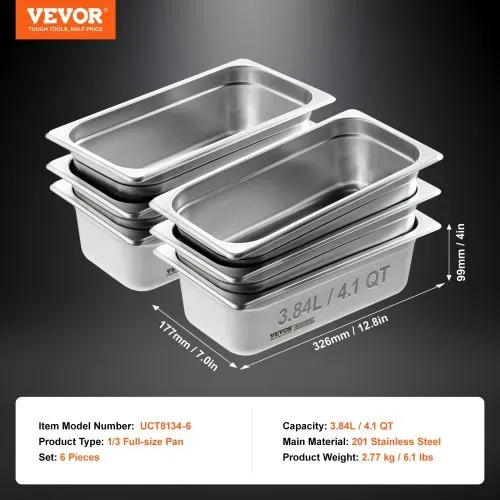 VEVOR Gastronormbehälter, Edelstahl Behälter 6 Stk. 1/3 Größe 326 x 177 x 99 mm Speisebehälter, kommerzieller Dampfpfanne Warmhaltebehälter 3,84 L Tiefe, Hotelpfanne Tisch Food Pan Buffet – Bild 6