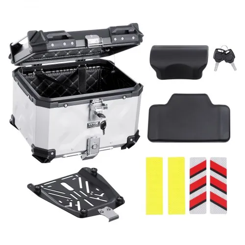 VEVOR Motorrad-Topcase Motorradkoffer 45 L Heckbox aus Aluminiumlegierung mit Lederfutter, abnehmbare Motorrad-Topbox mit Schloss & Rückenpolster, Helmkoffer (435 x 378 x 348 mm) Silber VEVOR Motorrad-Topcase Motorradkoffer 45 L Heckbox aus Aluminiumlegierung mit Lederfutter, abnehmbare Motorrad-Topbox mit Schloss & Rückenpolster, Helmkoffer (435 x 378 x 348 mm) Silber
