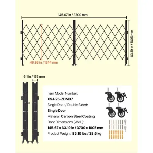 VEVOR Sicherheitstor abschließbar, doppelt klappbares Scherentor mit 360°-Lenkrollen, einziehbare Stahltore Outdoor, für Eingangssicherheit Garage Lager, Falttor 3700 x 1605 mm (B x H) Schwarz – Bild 6