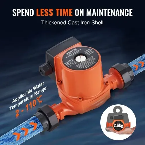 VEVOR Heizungspumpe Umwälzpumpe Pumpe Gusseisen 220 V 92 W, 60l/min Max. Durchflussrate, 6m Max. Förderhöhe, 1-1/2 Zoll Gewindeanschluss, Temperaturbereich Von 2 °C Bis 110 °C, Drei Einstellbare Durchflussraten, Geräuscharm – Bild 2