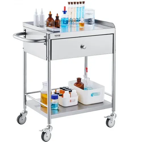 VEVOR Zweistöckiger Laborwagen Gerätewagen Medizintechnik Servierwagen 201 Edelstahl Tragbar Abräumwagen mit Schubladen 100 kg Tragfähigkeit, 710 x 421 x 785 mm (mit Griff) Labor Rollwagen – Bild 10