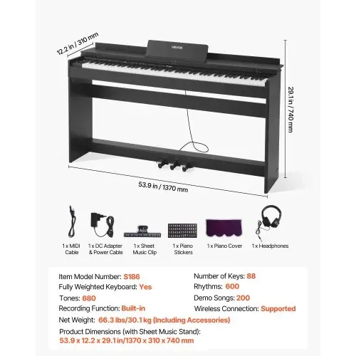 VEVOR Digitalpiano, 88 Tasten vollgewichtet anschlagdynamisch, E-Piano mit Möbelständer, Netzteil, Dreifachpedal, 680 Töne, unterstützt kabellose Verbindung, mit Kopfhörern, für Anfänger – Bild 6
