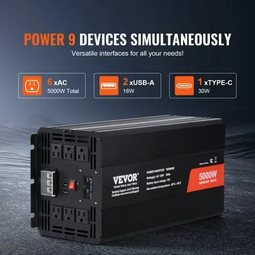 VEVOR Sinus-Wechselrichter 5000 W DC 12 V auf AC 230 V Wechselrichter mit 2 AC-Steckdosen 2 USB-Anschlüssen 1 Typ-C-Anschluss LCD-Display und Fernbedienung für Haushaltsgeräte mit hoher Belastung – Bild 2