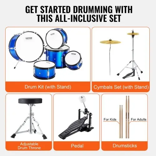VEVOR Schlagzeugset für Kinder, 5-teilig, Anfänger-Schlagzeugset mit Bass-Toms, Snare, Standtrommel, verstellbarem Thron-Becken, Hi-Hat-Pedal und zwei Paar Drumsticks, Schlagzeugset für Kinder, blau – Bild 5