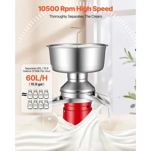 VEVOR Elektrischer Milchabscheider 40 W, 60 L/H Elektrische Milchzentrifuge mit Tastensteuerung, 10500 U/min Trennmaschine für Kuhmilch, Rahmseparator aus 304 Edelstahl mit 4,5L Milchtank für Küche – Bild 3