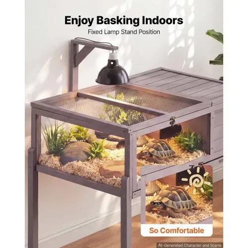 VEVOR Schildkrötenhaus Schildkrötengehege Reptilienkäfig 1000x603x770 mm, für Schildkröten, Tannenholz, mit 2 Räumen Rolle Ausziehbarer Ablage Lampenständer Aufklappbarem Deckel & Acryl-Sichtfenster – Bild 2