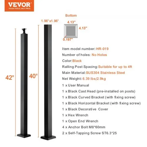 VEVOR Kabelgeländerpfosten, 106,7x4,97x4,97cm, ebener Stahldeck-Geländerpfosten ohne Löcher, SUS304 Edelstahl-Kabelgeländerpfosten, Treppenhandlaufpfosten mit horizontaler und gebogener Halterung – Bild 6