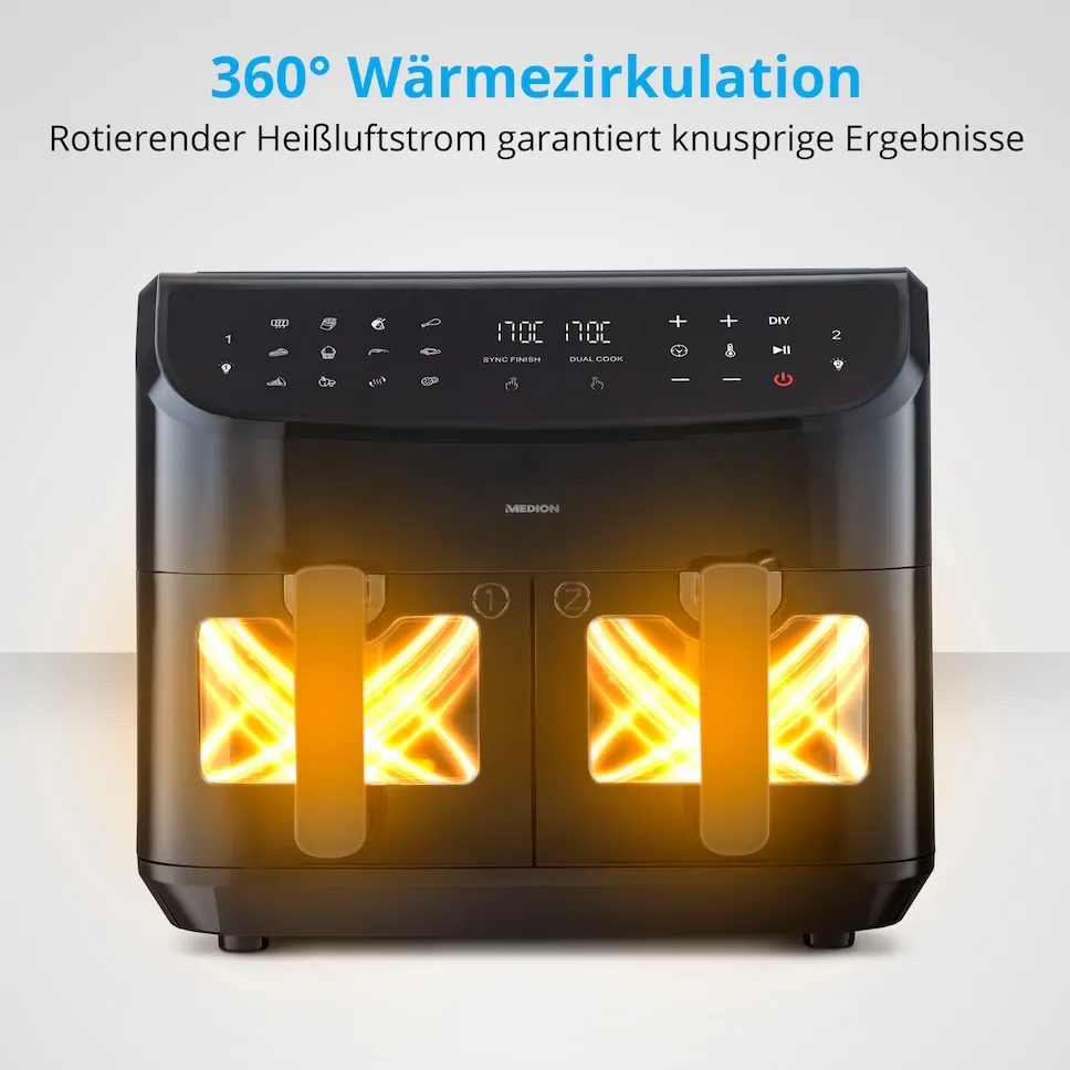MEDION LIFE P20 XXL Twin DoppelzonenHeißluftfritteuse MD 11760, 2 separate Garzonen, 9 Automatikprogramme, 8,7 L Gesamt-Nutzinhalt, 2.600 Watt, Temperatur einstellbar bis 200 °C – Bild 3