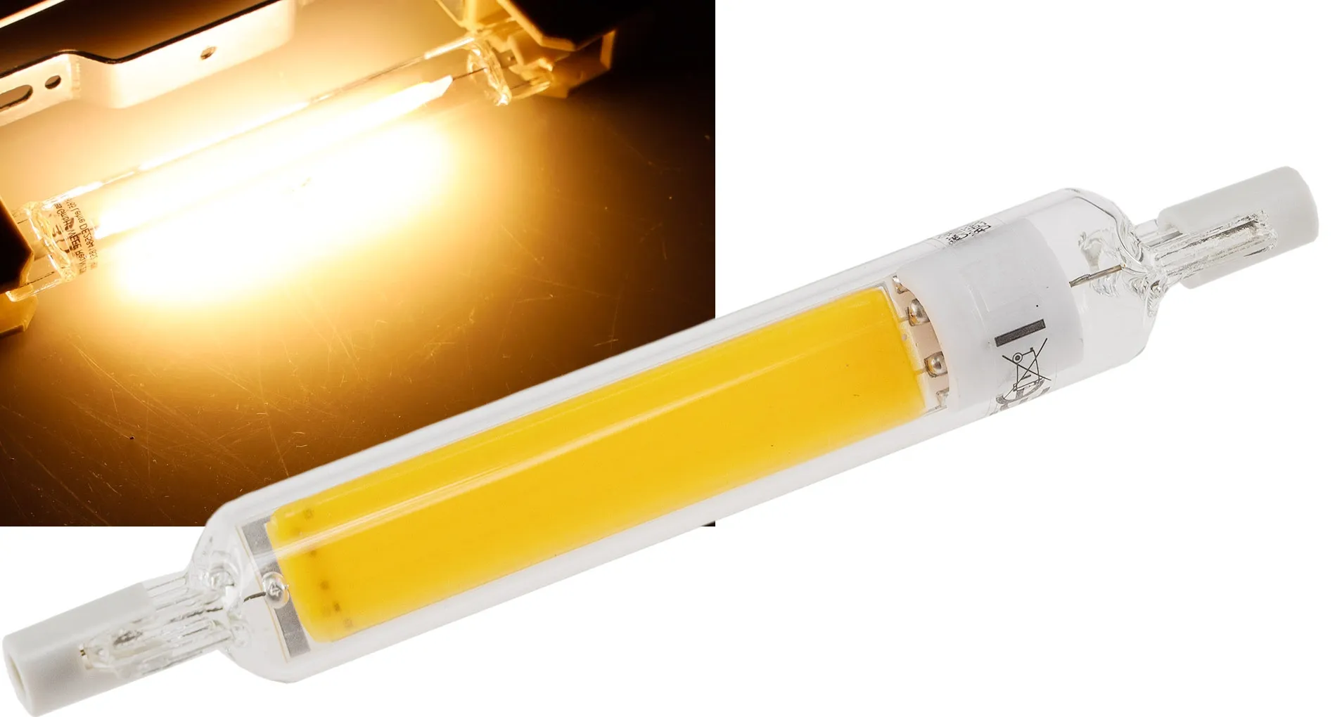 LED Strahler 8W R7s „RS118 COB8“ 360°, 3000k, 920lm, 118mm, warmweiß LED Strahler 8W R7s „RS118 COB8“ 360°, 3000k, 920lm, 118mm, warmweiß