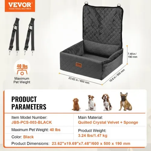 VEVOR Hundeautositz, Hundesitzerhöhung mit Aufbewahrungstasche, ansteckbarer Sicherheitsleine, Füllung aus Schwamm und PP-Baumwolle, Hundeautobett für kleine und mittelgroße Hunde bis 18 kg, Schwarz – Bild 6