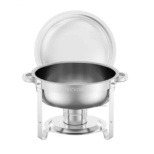 VEVOR Chafing Dish Buffet Speisenwärmer mit 4 Behältern in voller Größe (4,7 L pro), runder Catering-Wärmespender mit Deckel & Wasserpfanne & klappbarer Ständer, für Hochzeiten Partys Silber – Bild 10