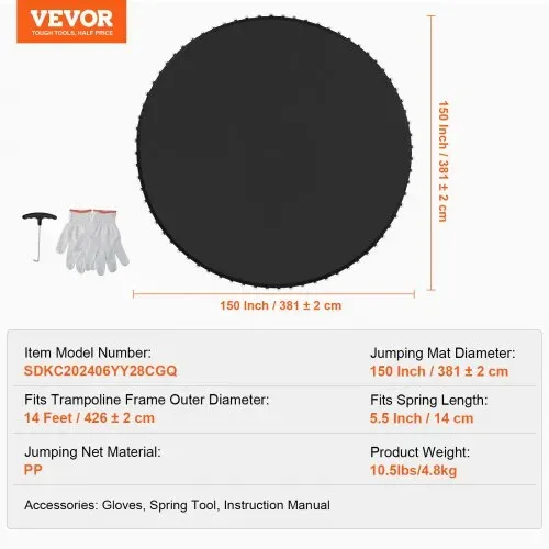 VEVOR Ersatz-Trampolinmatte Sprungmatte für 426 cm Rahmen, universelle Sprungmatte für rundes Trampolin, verstärkte UV-beständige Matte mit 72 langlebigen V-Ringen, passend für 14 cm Federlänge – Bild 6