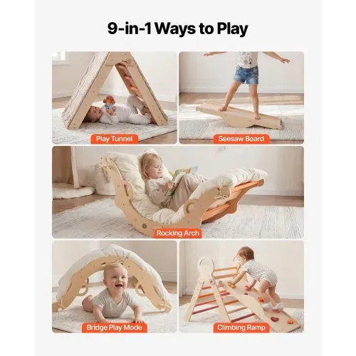 VEVOR Kletterdreieck, 9-in-1 Kletterspielzeug, mit Holzautos, Kissen, Kletterdreieck, Rutsche & Kletterbogen, bis 68 kg, Montessori Indoor Spielset für Kinder im Alter von 1 bis 3 Jahren, Orange – Bild 3