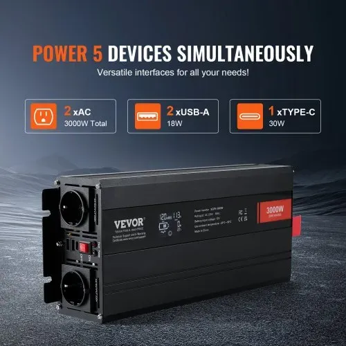 VEVOR Wechselrichter mit reiner Sinuswelle 3000W DC12V AC 230 V Spannungswandler 2 AC-Steckdosen 2 USB-Anschlüssen 1 Typ-C-Anschluss LCD-Display und Fernbedienung für große Haushaltsgeräte – Bild 3