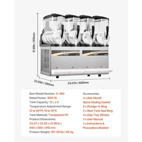VEVOR Slush Maschine 4 x 12 L, Slusheis Eisbereiter 1650 W (kein Eis Nötig), Elektrische Margarita-Maschine mit Selbstreinigungsfunktion, Geeignet für Frozen Margaritas Frappés Milchshakes Shakes – Bild 6