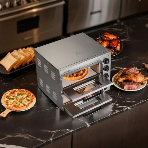 VEVOR Kommerzieller Pizzaofen für die Arbeitsplatte, 14-Zoll-Doppeldecker-Schicht, elektrischer Pizzaofen aus Edelstahl mit Stein und Griff, Mehrzweck-Pizzamaker für den Innenbereich zum Backen von Brezeln im Restaurant zu Hause – Bild 7