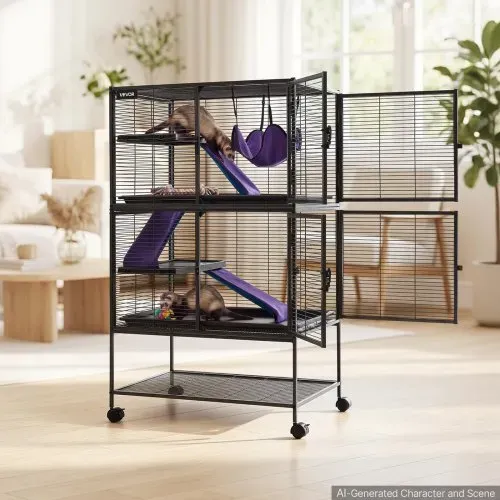 VEVOR Kleintierkäfig Metall Frettchenkäfig Kleintiergehege 77x52x130 cm, Frettchen Chinchillas Gleithörnchen Meerschweinchen & Kaninchen 4-Stöckig 13,97 mm Drahtabstand Feststellbare Schwenkrolle – Bild 7