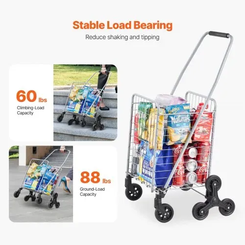 VEVOR Treppenkarre, 45 l, Treppensteiger-Einkaufswagen mit 360°-Lenkrädern, Treppensteiger-Mehrzweckwagen mit drei Rädern, faltbar, zusammenklappbar Transportkarre, Ideal für Wäschetransporte, Silber – Bild 2