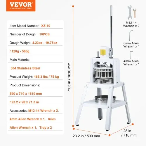 VEVOR Teigteiler 10-teilige manuelle Teigteilermaschine, 120–560 g vertikaler Handpresse-Teigschneider mit Tablett und Klinge aus 304er-Edelstahl, Brotbackautomat für Bäckerei, Restaurant, Gewerbe – Bild 6