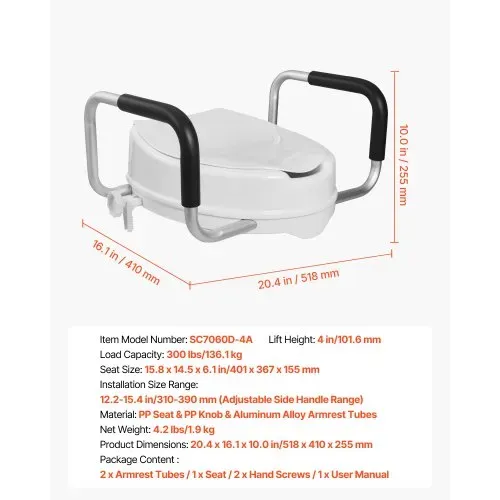 VEVOR Toilettensitzerhöhung Toilettenerhöhung mit 136 kg Tragkraft & 101,6 mm Hubhöhe & Toilettendeckel, erhöhter Toilettensitz mit gepolsterten Griffen für ältere Menschen Senioren Schwangere – Bild 6