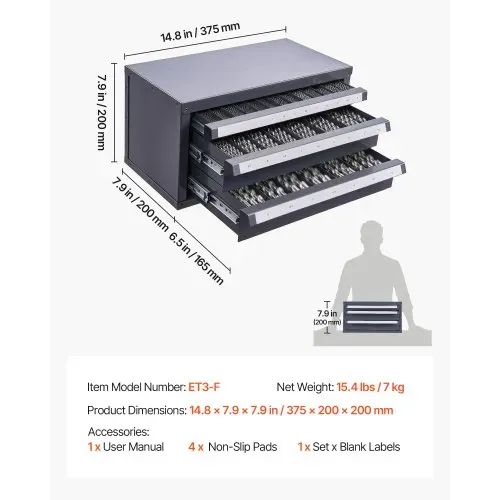 VEVOR Bohrer-Spender-Schrank, Bohrer-Organizer mit drei Schubladen für 1 mm bis 13 mm, Bohrer-Spender-Organizer aus Stahl mit Etiketten, Stapelbarer Bohrer-Spender zur Bohrer-Aufbewahrung – Bild 6