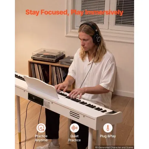 VEVOR Digitalpiano 88 Halbgewichtete Tasten in Standardgröße E-Piano Weiß für Anfänger, 600 Klangfarben, 600 Rhythmen, USB, MIDI, Audioausgang, Kopfhörerbuchse, Sustain-Pedal und HiFi-Lautsprechern – Bild 3