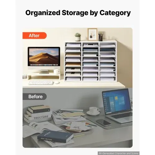 VEVOR Dokumentenablage Holz Schreibtisch Organizer mit 24 Fächern Weiß, Ablagefach für Standard-A4-Dokumente Akten & Papiere, mit Verstellbaren Einlegböden für Büro, Zuhause & Klassenzimmer, MDF – Bild 2