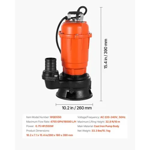 VEVOR 550W Tauchpumpe, 18000l/h, Gusseisen-Schmutzwasserpumpe mit 5,08cm Auslass, 10m max. Förderhöhe, zum Abpumpen von Schmutzwasser, für Pools, Gärten, Teiche, Keller & überflutete Bereiche – Bild 6