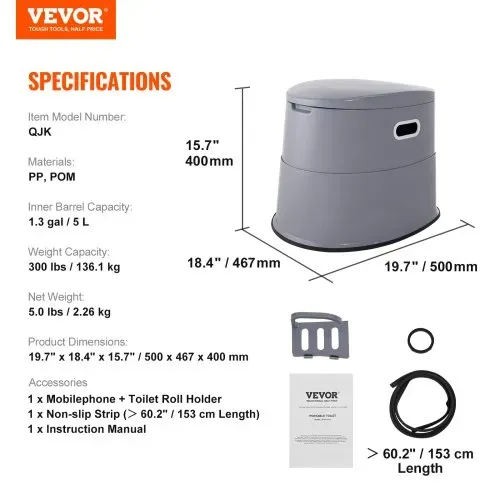 VEVOR 5 L Campingtoilette mit Toilettenpapier- und Handyhalter, Tragbare Campingtoilette 500 x 467 x 400 mm Reisetoilette Nottoilette Weiße Toiletten 136,1 kg Gewichtstragfähigkeit Wohnmobiltoilette – Bild 6