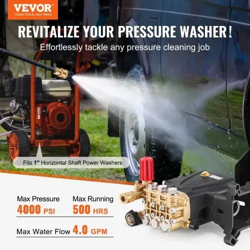VEVOR Hochdruckreinigerpumpe, 1-Zoll-Welle, horizontaler Triplex-Kolben, 4000 PSI, 4,0 GPM, Ersatz-Hochdruckreinigerpumpen-Set mit 5 Düsen, Ersatzpumpe bis zu 500 Stunden Dauerbetrieb, Austauschpumpe VEVOR Hochdruckreinigerpumpe, 1-Zoll-Welle, horizontaler Triplex-Kolben, 4000 PSI, 4,0 GPM, Ersatz-Hochdruckreinigerpumpen-Set mit 5 Düsen, Ersatzpumpe bis zu 500 Stunden Dauerbetrieb, Austauschpumpe