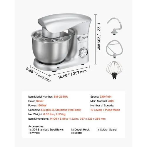 VEVOR Knetmaschine Küchenmaschine zum Backen, 1500 W Teigmaschine mit Edelstahlschüssel (4,2 L) & Knethaken & Rührbesen & Schneebesen, 10-Gang einstellbare kippbare Rührmaschine Standmixer – Bild 6