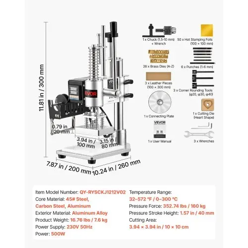 VEVOR Beheizte Lederstanzmaschine 10x10 cm Lederdruckmaschine 160 kg Druck, zum Heißprägen & Stanzen 40 mm Hub Spannfutterfixierung mit Temperaturregler 26 Kupferbuchstabenstempel 50 Heißprägefolien – Bild 6
