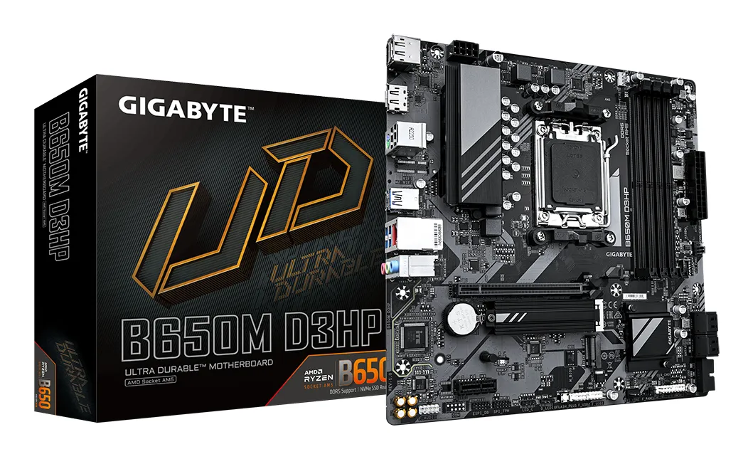 GIGABYTE B650M D3HP Mainboard – AMD Ryzen 9000er-Serie, 5+2+2 Phasen VRM, bis zu 7600 MHz DDR5 (OC), 2xPCIe 4.0 M.2, 2,5 GbE LAN, USB 3.2 Gen 1 GIGABYTE B650M D3HP Mainboard – AMD Ryzen 9000er-Serie, 5+2+2 Phasen VRM, bis zu 7600 MHz DDR5 (OC), 2xPCIe 4.0 M.2, 2,5 GbE LAN, USB 3.2 Gen 1
