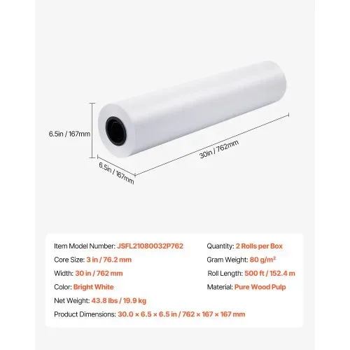 VEVOR Breitformatpapier Papierrollen 762 mm (B) / 152,4 m (L), 2 Rollen 20 lb Plotterpapierrollen ideal für CAD-Zeichnungen technische Pläne GIS-Karten Architekturentwürfe Plotterpapier – Bild 6