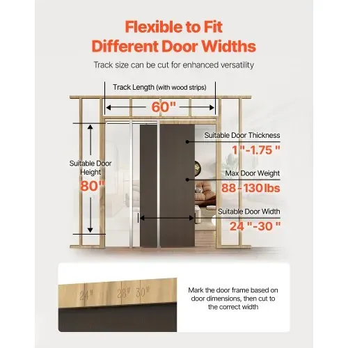 VEVOR Schiebetürrahmen-Set für 610– 762 mm breite & 2032 mm hohe Türen, Schiebetür-Set aus verzinkter Stahl mit Zwei-Wege-Soft-Close-Mechanismus & sanftem Gleiten, für Wohnzimmer Badezimmer – Bild 5