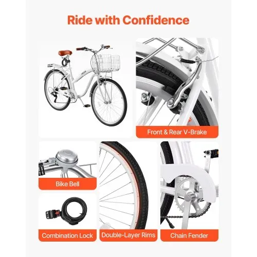 VEVOR Damenfahrrad 26 Zoll Cruiser-Fahrrad 150 kg 7-Gang Citybike Weiß, für Pendelfahrten Besorgungen und Strandfahrten, mit Doppelten V-Bremsen, 50 kg Gepäckträger, Schutzblechen und Werkzeugsatz – Bild 6