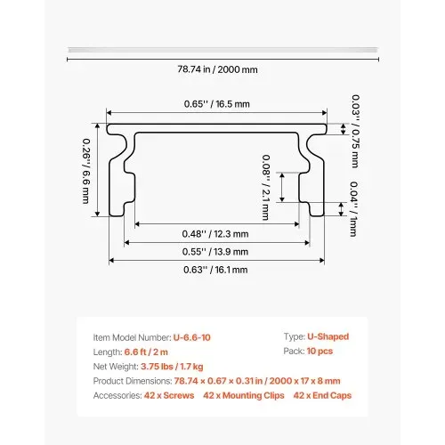 VEVOR LED Profil 10er-Pack 2 m, Eloxierte Aluminiumprofile mit Milchiger Abdeckung, Endkappen & Befestigungsclips, Kanäle, Diffusor für LED-Streifen, Ideal für Unterbau-Arbeitsplatten, U Form – Bild 6