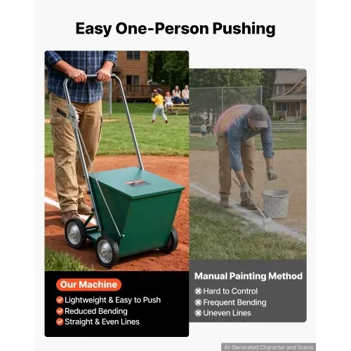 VEVOR Markierwagen Linien-Markiergerät Trocken 29,5 kg Pulverkapazität Grün, für Rasenfläche Feld & Sportplatz, Stahlkonstruktion, 50-100 mm Einstellbare Linienbreite, Klare & Gleichmäßige Markierung – Bild 5