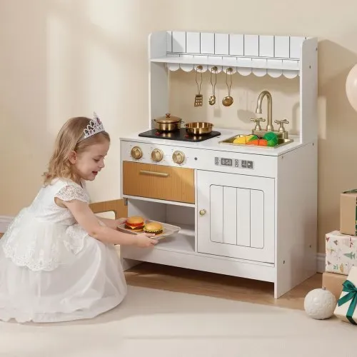 VEVOR Spielküche für Kinder, Realistische Kinderküche aus Holz mit Licht & Sound, Holzküche mit Herd Backofen Spüle Mikrowelle Schrank, Küchenspielzeug mit Kochset für Kinder von 3-8 Jahren, Beige – Bild 7