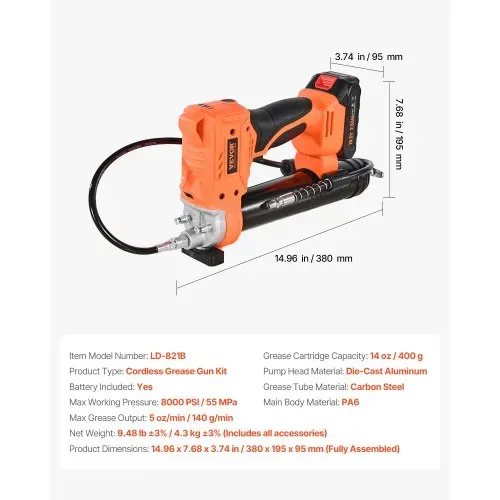 VEVOR Akku-Fettpresse, 55 Mpa, Einhandfettpresse mit 2,0 Ah Akku & LED-Licht, 90 cm Schlauch & Tragetasche, Auslöser, Kompatibel mit 18V Makita-Akkus, Schmieren von Fahrzeugen oder Maschinen – Bild 6