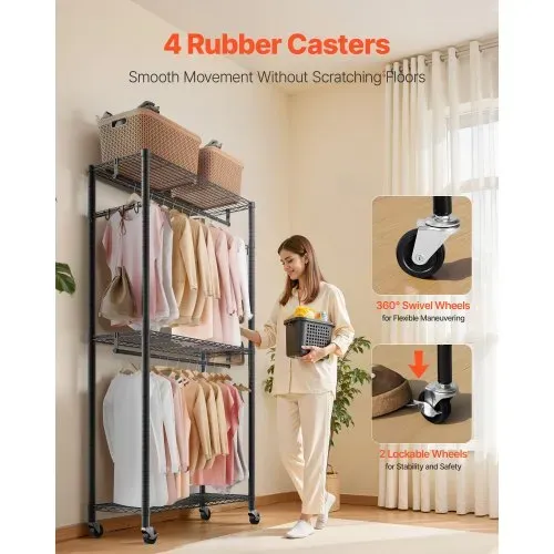 VEVOR Kleiderständer Garderobenständer auf Rollen (verstellbar) aus Karbonstahl mit 2 Kleiderstangen & 204 kg Tragkraft & 3 Regalen & 8 Haken, für Schlafzimmer Bekleidungsgeschäft Garderobe Flur – Bild 5