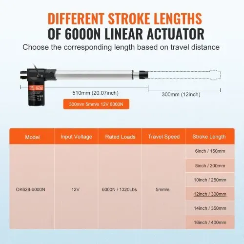 VEVOR 6000N Linear Actuator DC 12V Linearantrieb IP44 Elektrischer Linearmotor 300mm Hublänge Geräuschpegel ≤ 50dB Elektrische Türöffner 5mm/s Fahrgeschwindigkeit Lineartechnik Verstellantrieb – Bild 2