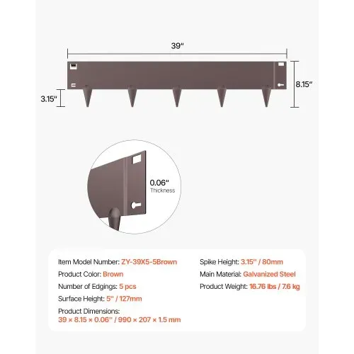 VEVOR Rasenkante, 5er-Pack, 990x207x1,5 mm, rostbeständige Metall-Beeteinfassung, biegbare Garteneinfassung, Beetumrandung, einfach zu installieren, Blumenbeet-Hofweg-Teiler, braun – Bild 6