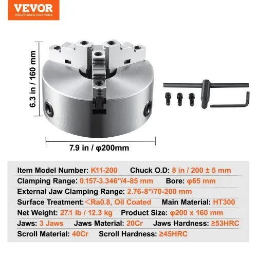 VEVOR Drehbankfutter K11-200 200mm Dreibackenfutter HT300-Material 3 Backenfutter Spannbereich 4–200mm 3-Backen, 20Cr, ≥53HRC φ65mm Bohrung Spannfutter Drechselbank Selbstzentrierend – Bild 6