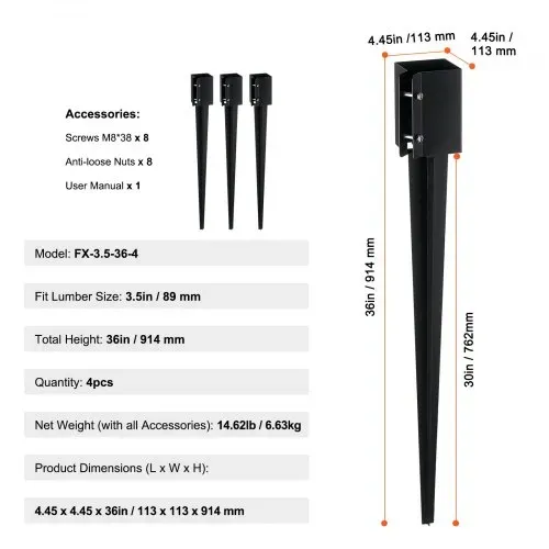 VEVOR Erdspieß für Zaunpfosten, 4er-Pack, 113 x 113 x 914 mm Außendurchmesser (Innendurchmesser 8,9 x 8,9 cm), Metall, schwarz pulverbeschichtet, Erdspieß für Briefkästen, Terrassen, Gartengeländer – Bild 10
